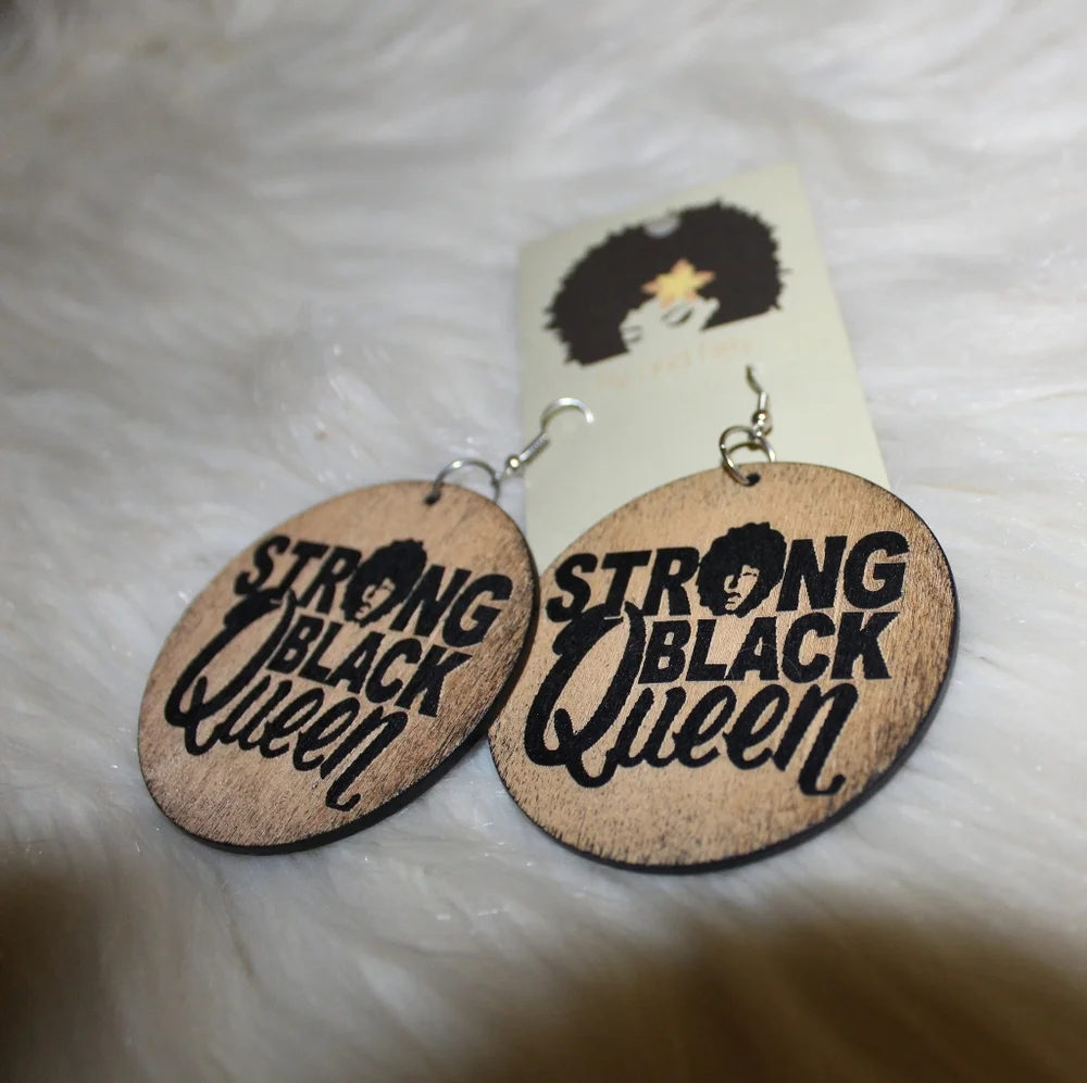 NWT Strong Black Queen Wood Fashion Statement Earrings - Picture 2 of 4